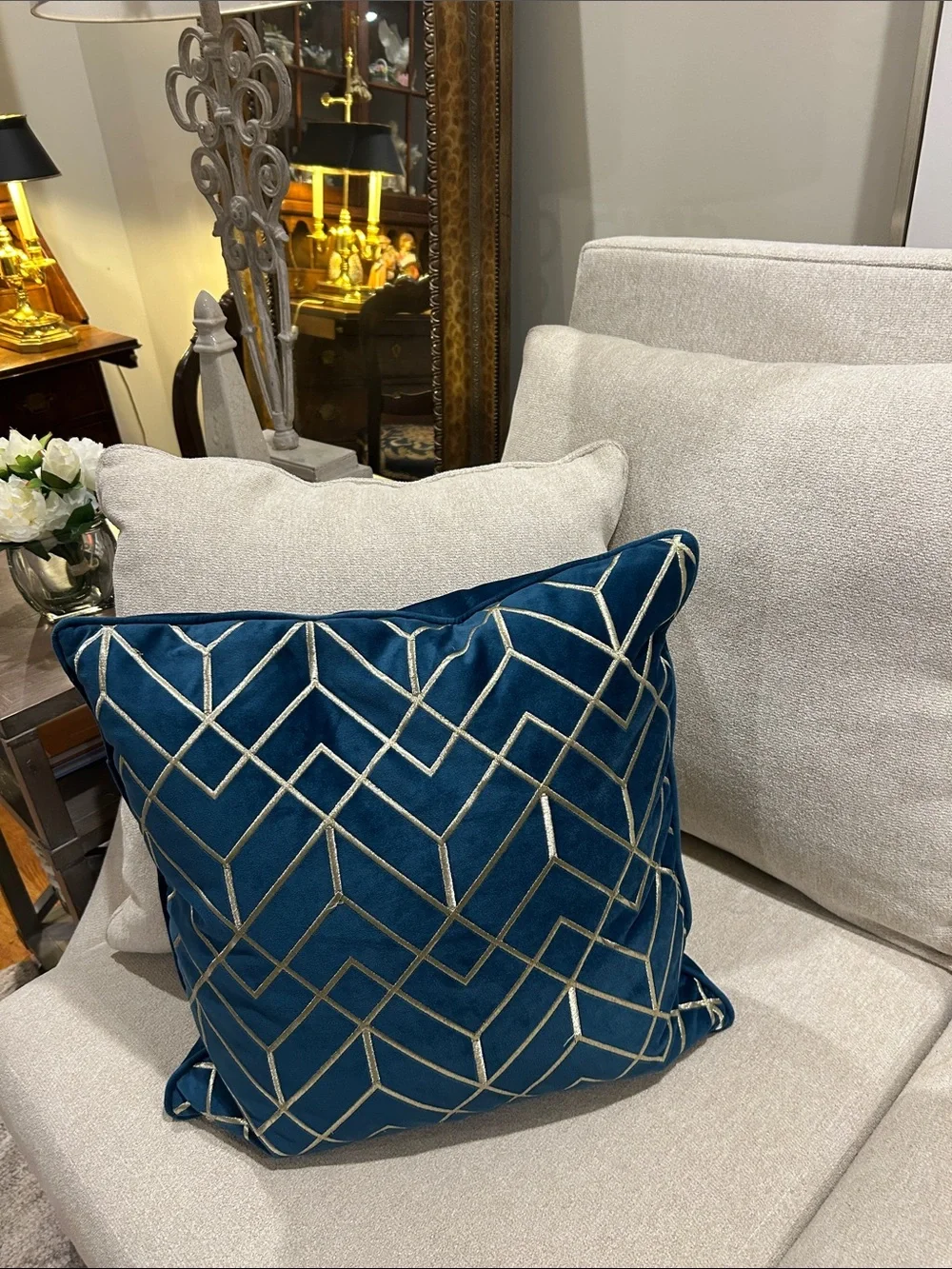 Teal Velvet Geometric Pillow with Metallic Stitching does not include I inserts